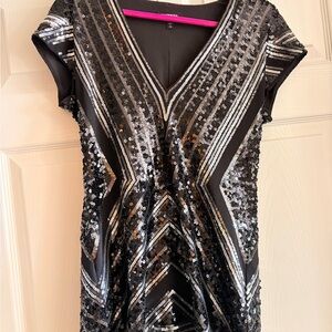 Express Black and White Sequin Cap Sleeve Dress